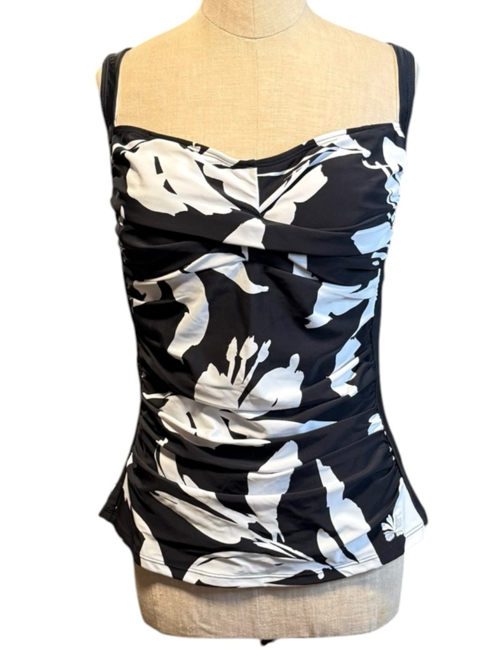 Hapari Raven Slimming Tankini Top XL Black White Floral Ruched Swim NWT